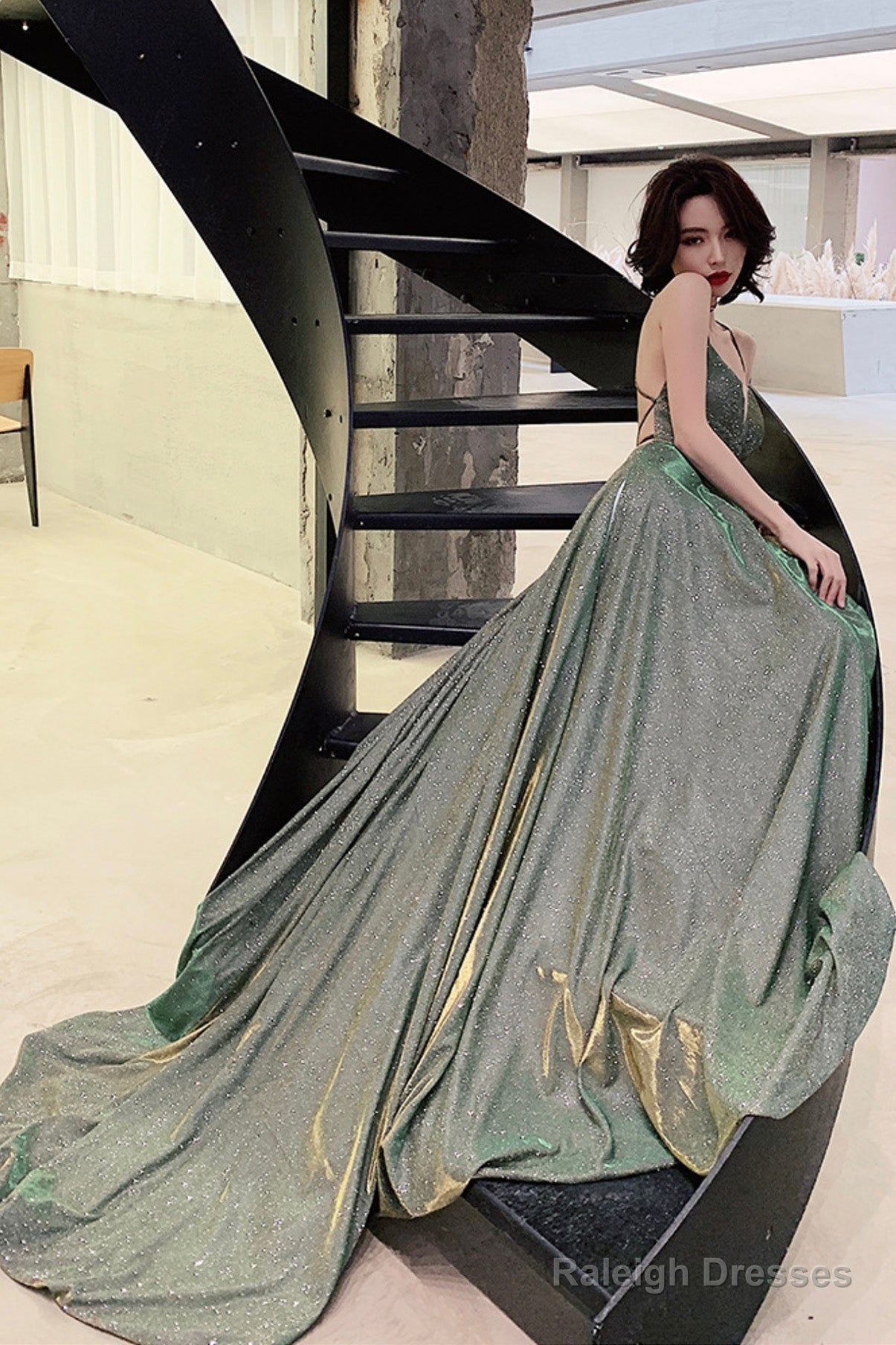 Green A-Line Backless Long Prom Dresses, Evening Dresses