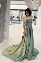 Green A-Line Backless Long Prom Dresses, Evening Dresses