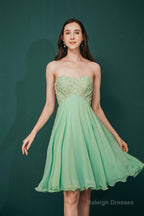 A-line Embroidery Chiffon Short Strapless Corset Back Beaded Homecoming Dresses