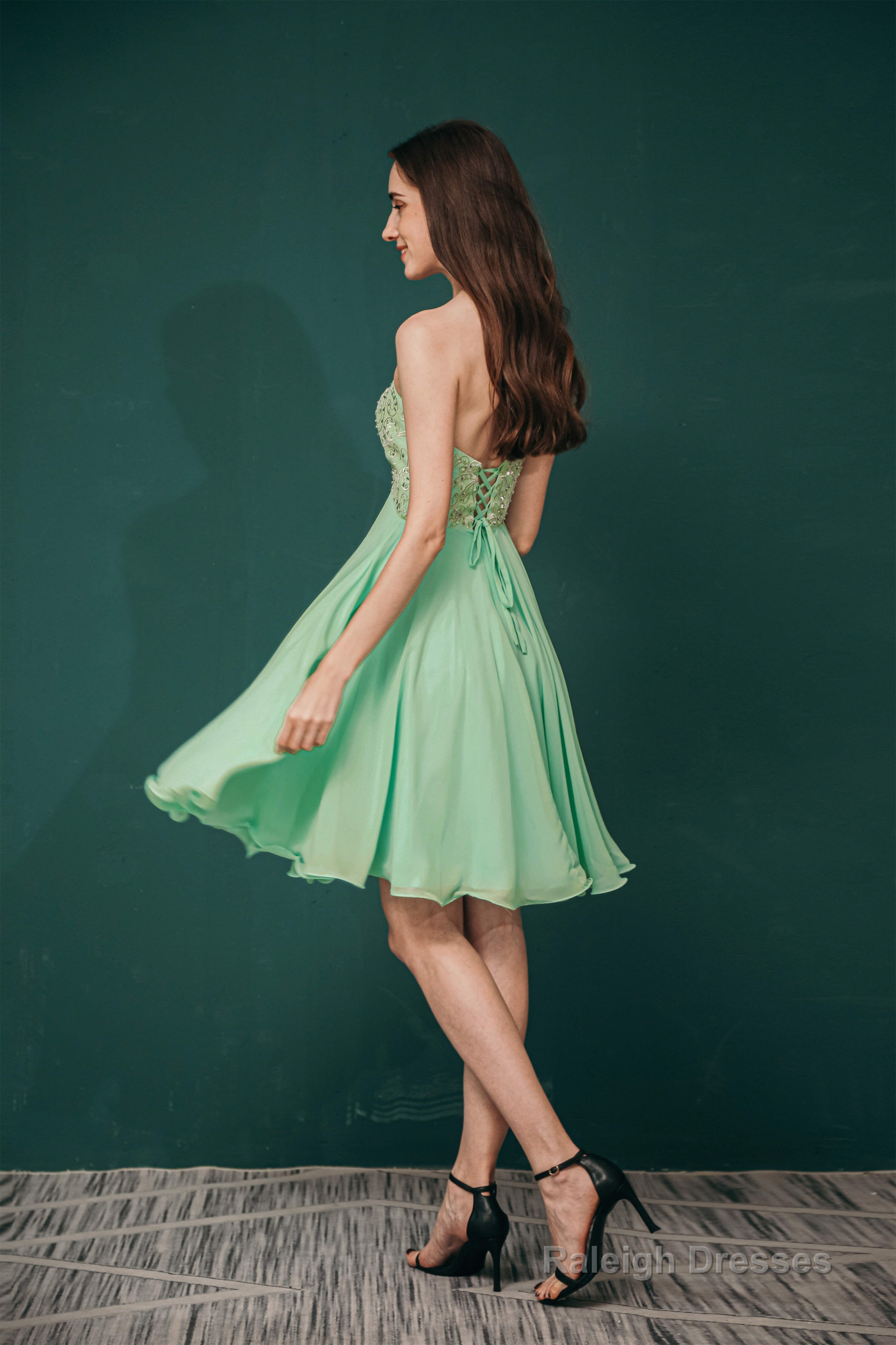 A-line Embroidery Chiffon Short Strapless Corset Back Beaded Homecoming Dresses