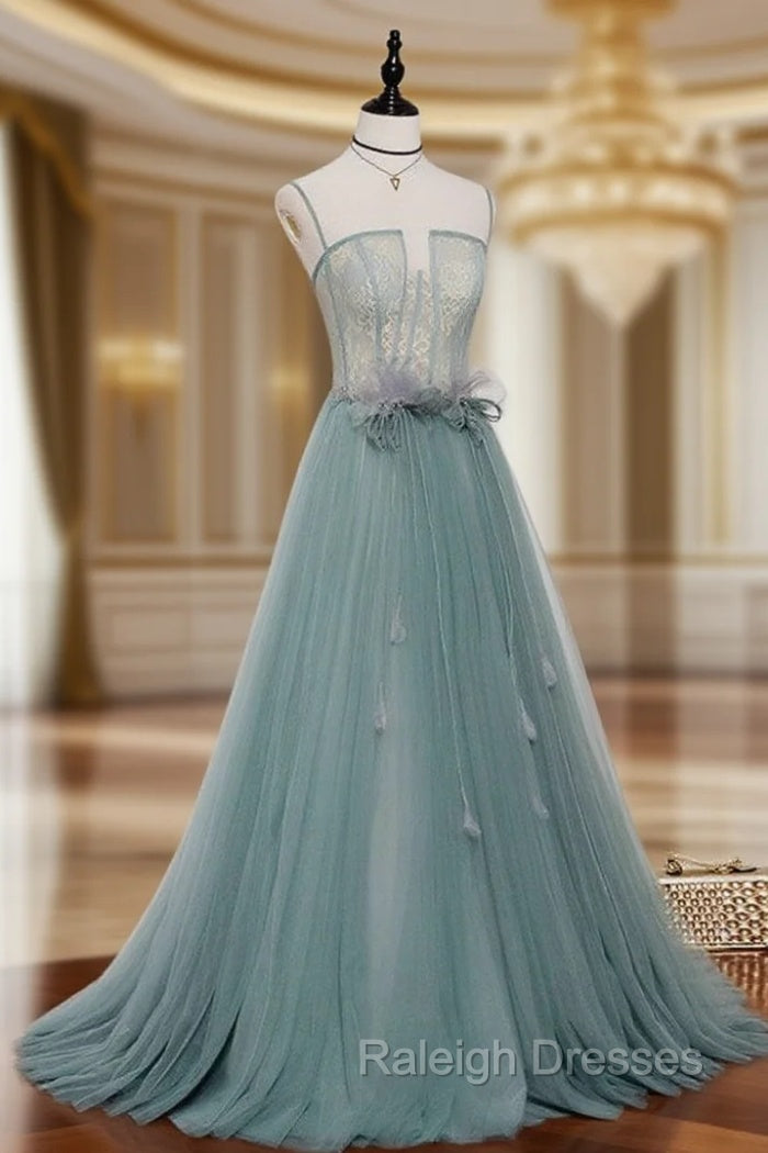 Green A Line Lace Long Prom Dresses, A Line Green Lace Long Formal Evening Dresses Main image