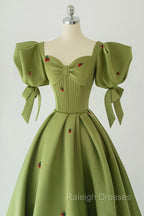 Green A Line Long Prom Dress Strawberry Lace, Lovely Short Sleeve Prom Dress
