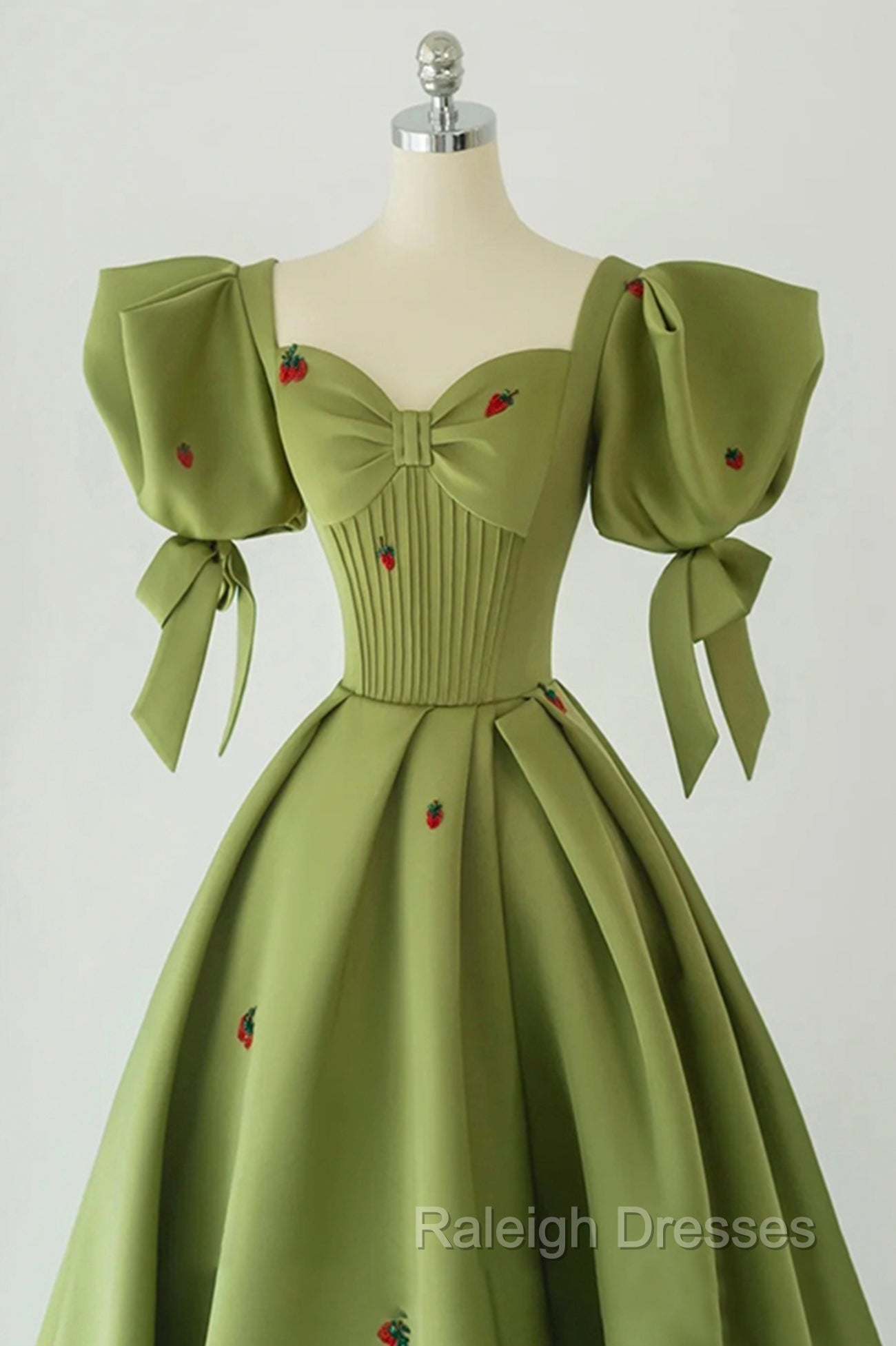 Green A Line Long Prom Dress Strawberry Lace, Lovely Short Sleeve Prom Dress