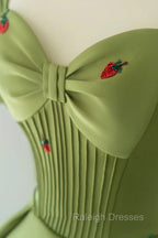 Green A Line Long Prom Dress Strawberry Lace, Lovely Short Sleeve Prom Dress