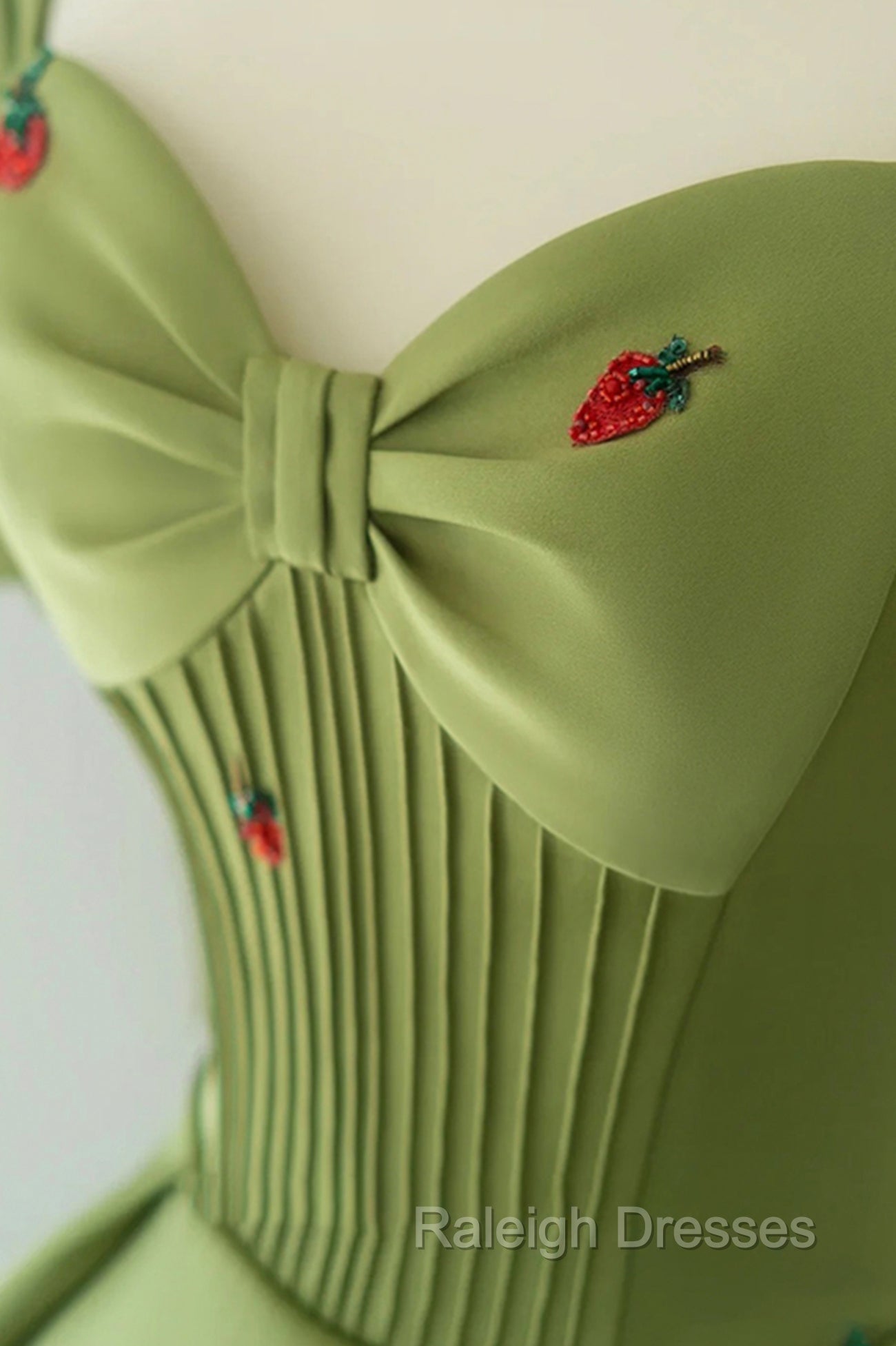 Green A Line Long Prom Dress Strawberry Lace, Lovely Short Sleeve Prom Dress