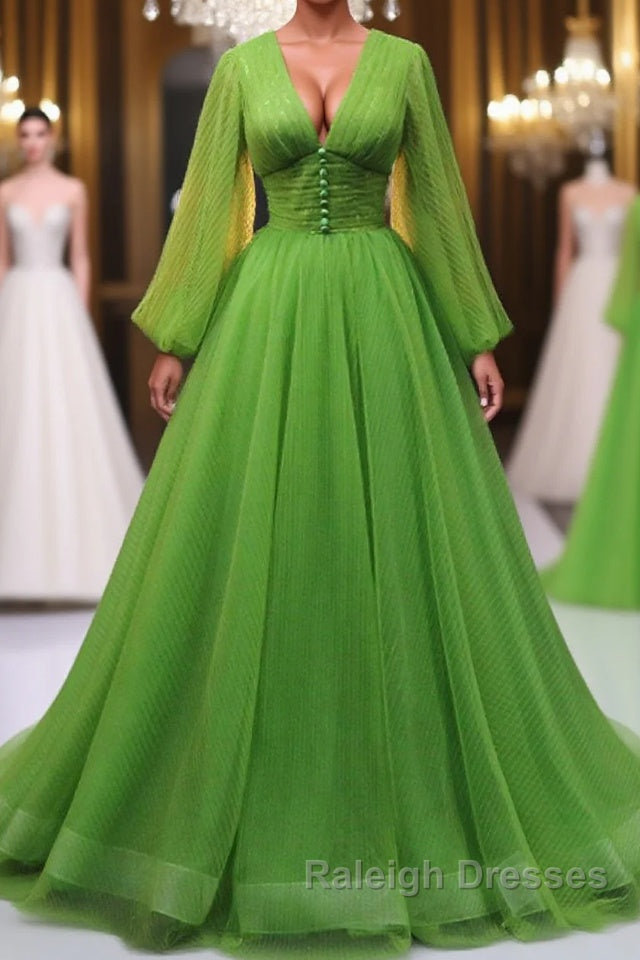 Green A Line Long Prom Dresses, V Neck Green Tulle Long Formal Evening Dresses Main image