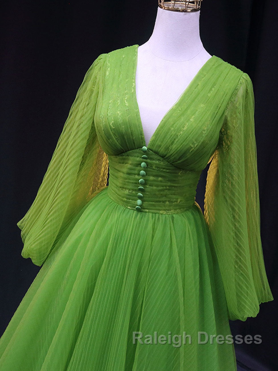 Green A Line Long Prom Dresses, V Neck Green Tulle Long Formal Evening Dresses Secondary image