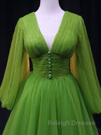 Green A Line Long Prom Dresses, V Neck Green Tulle Long Formal Evening Dresses