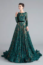 A-Line Luxury Sequins Long Sleeve Backless Prom Dresses