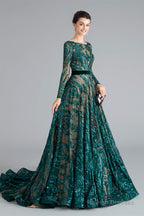 A-Line Luxury Sequins Long Sleeve Backless Prom Dresses