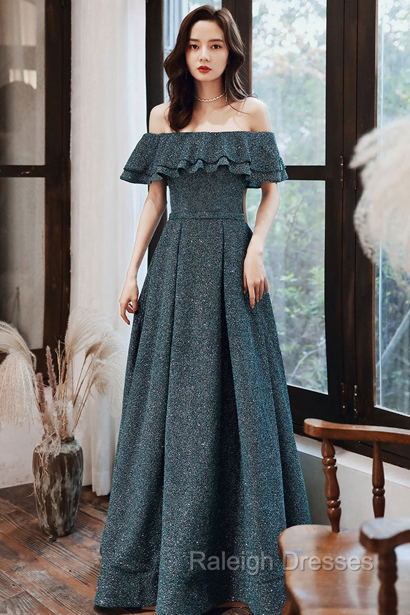 Green A Line  Off Shoulder Long Prom Dress, Green Bridesmaid Dress