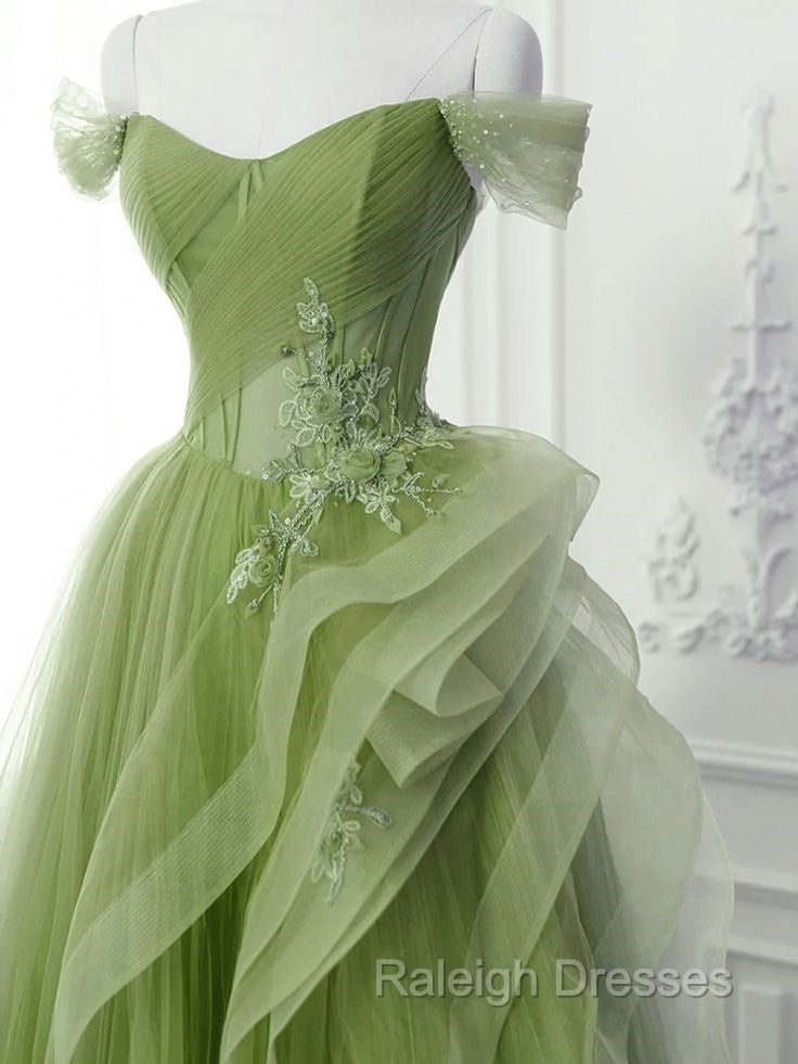 Green A Line Long Prom Dress, Green Lace Long Prom Dress Secondary image