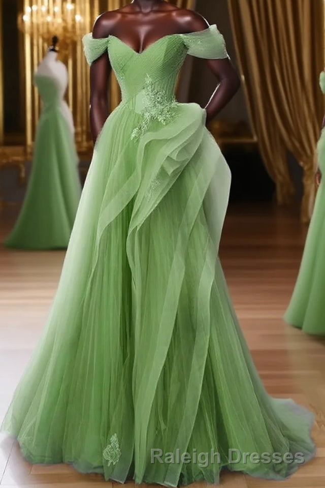 Green A Line Off Shoulder Prom Dresses Long Lace Long Prom Dresses Main image