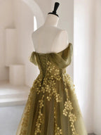 Olive Green A-Line Off Shoulder Tulle Lace Long Prom Dresses Green Tulle Prom Dresses