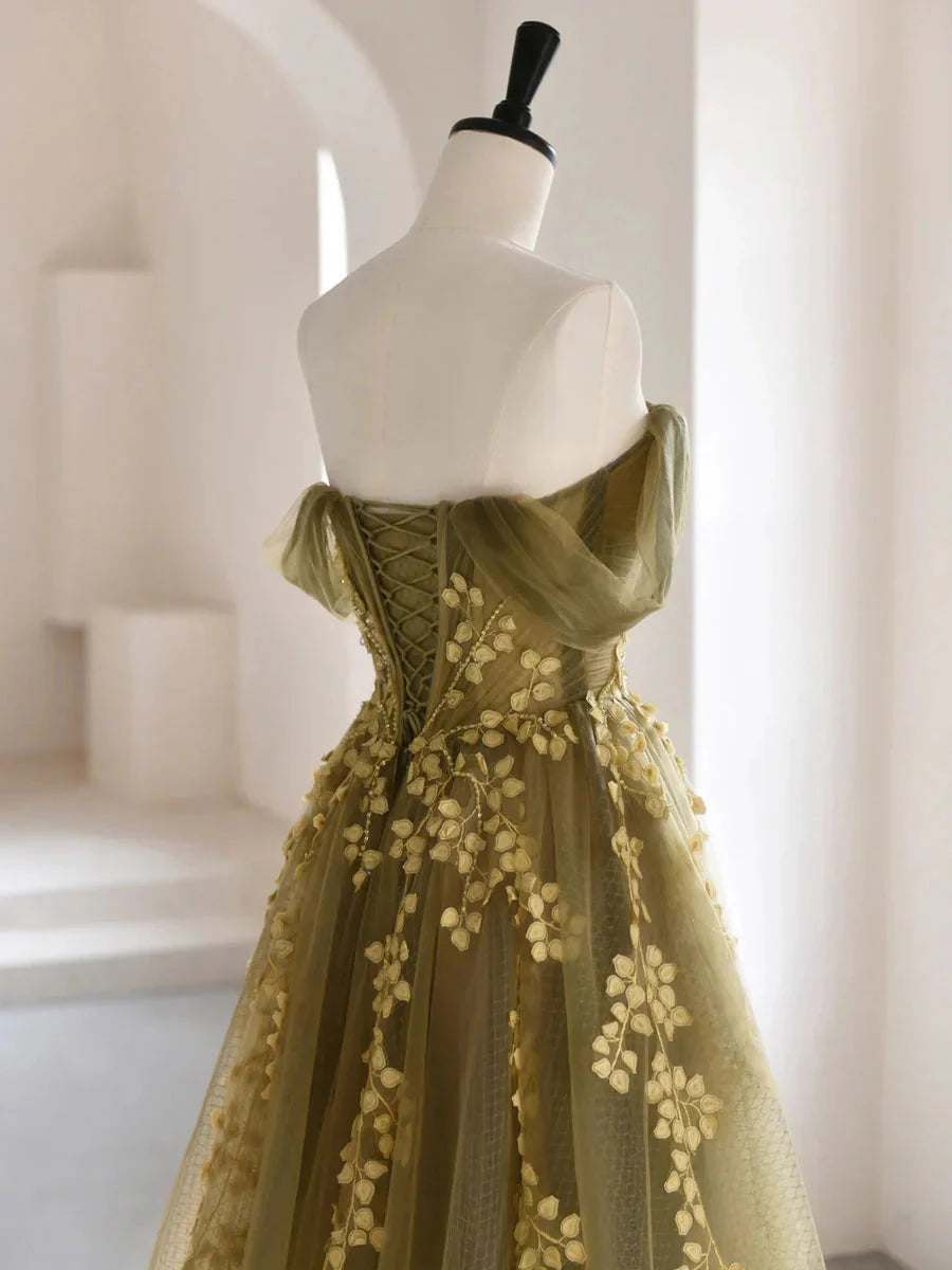 Olive Green A-Line Off Shoulder Tulle Lace Long Prom Dresses Green Tulle Prom Dresses