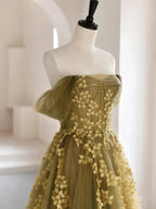 Olive Green A-Line Off Shoulder Tulle Lace Long Prom Dresses Green Tulle Prom Dresses