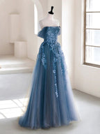 Olive Green A-Line Off Shoulder Tulle Lace Long Prom Dresses Green Tulle Prom Dresses