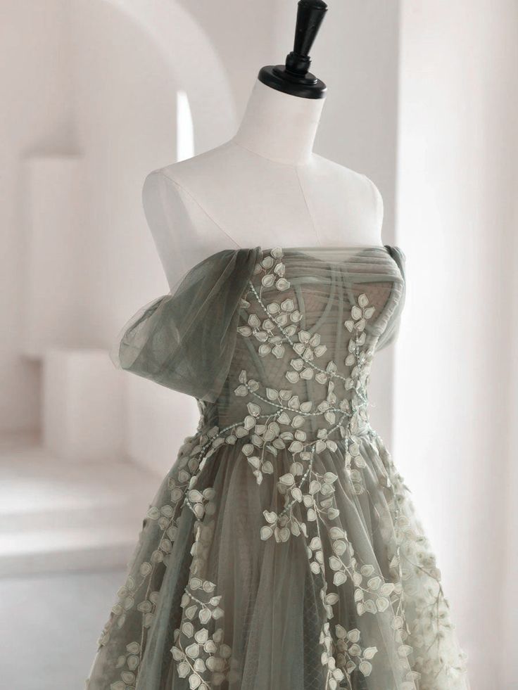 Olive Green A-Line Off Shoulder Tulle Lace Long Prom Dresses Green Tulle Prom Dresses