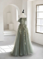 Olive Green A-Line Off Shoulder Tulle Lace Long Prom Dresses Green Tulle Prom Dresses