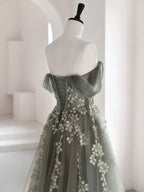 Olive Green A-Line Off Shoulder Tulle Lace Long Prom Dresses Green Tulle Prom Dresses