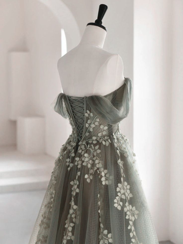 Olive Green A-Line Off Shoulder Tulle Lace Long Prom Dresses Green Tulle Prom Dresses