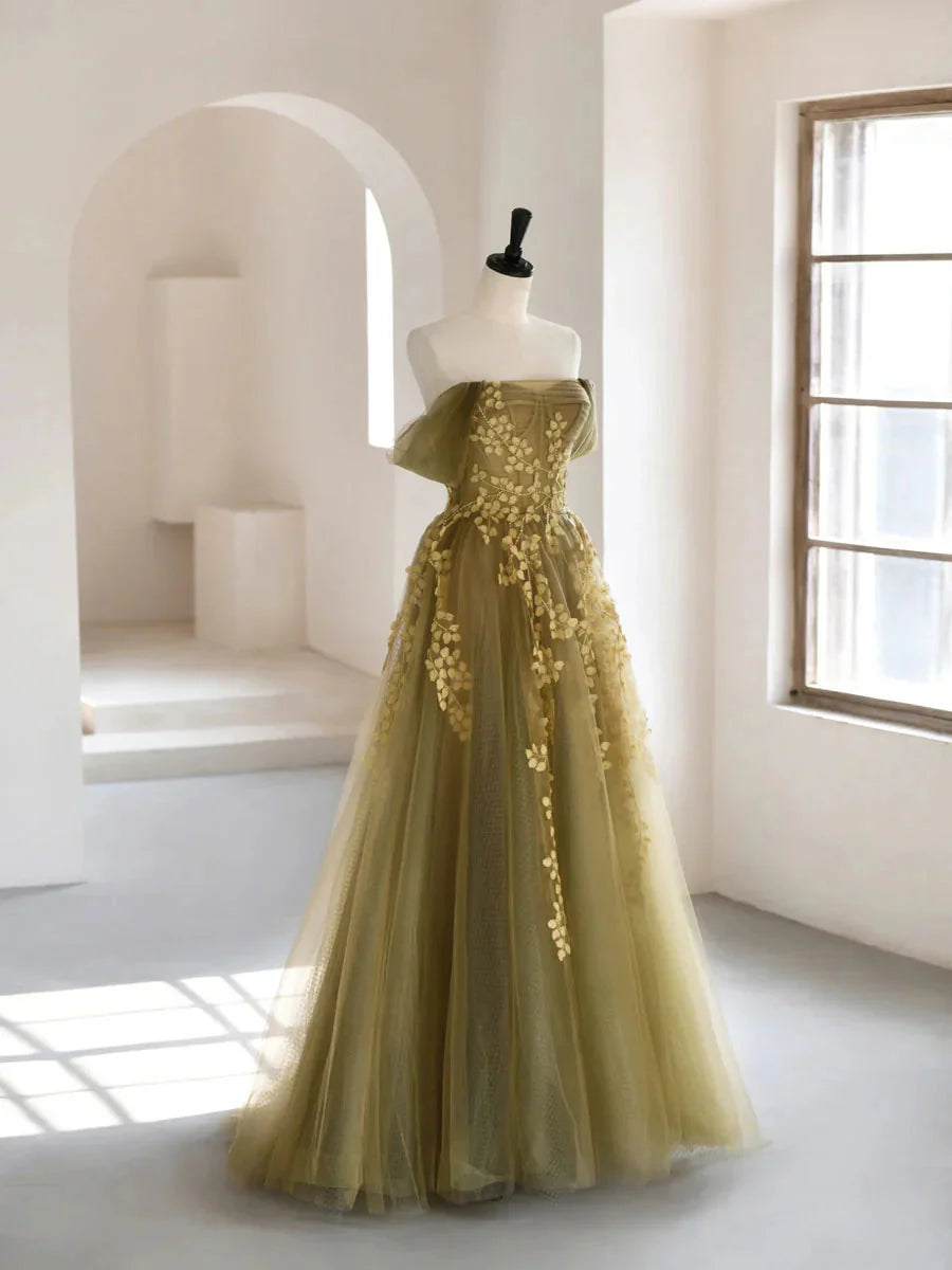 Olive Green A-Line Off Shoulder Tulle Lace Long Prom Dresses Green Tulle Prom Dresses Main image