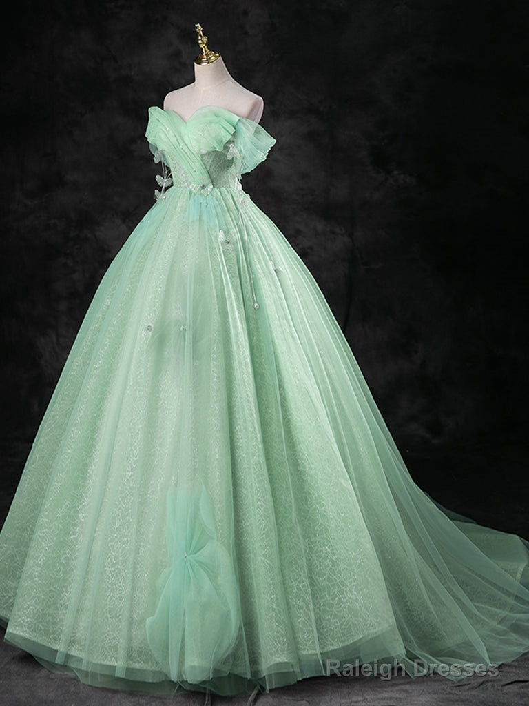 Green A-Line Off Shoulder Tulle Long Prom Dress, Green Long Formal Dress Secondary image