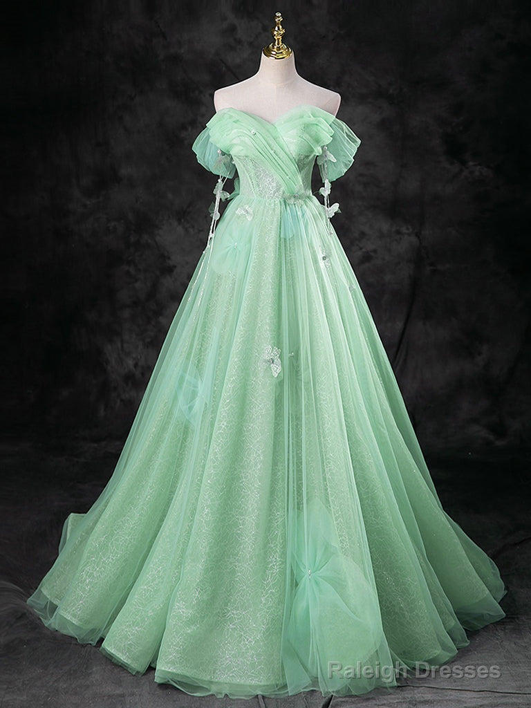 Green A-Line Off Shoulder Tulle Long Prom Dress, Green Long Formal Dress Main image