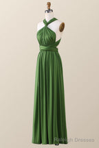 Green A Line Pleated Long Convertible Bridesmaid Dress