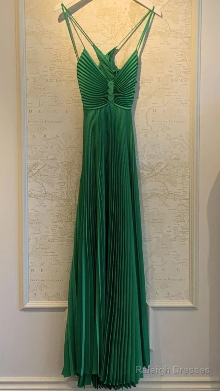 Green A Line Pleated Long Prom Dresses