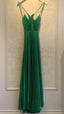 Green A Line Pleated Long Prom Dresses