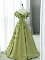 Green A Line Satin Long Prom Dresses, Green Formal Prom Dress