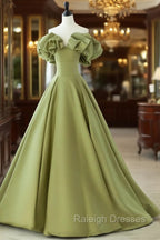 Green A-Line Satin Long Prom Dresses, Green Formal Evening Dress