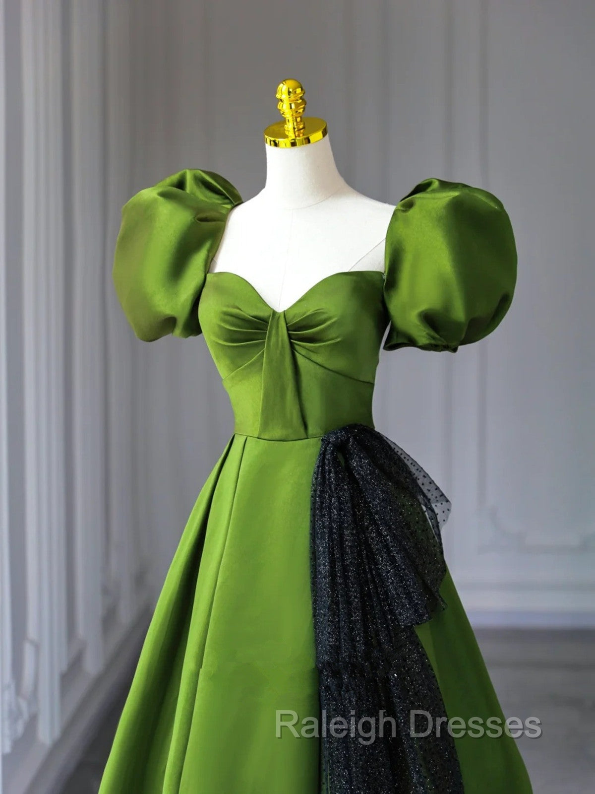 Green A-Line Satin Sweetheart Short Sleeves Prom Dress, Green Long Prom Dress Secondary image