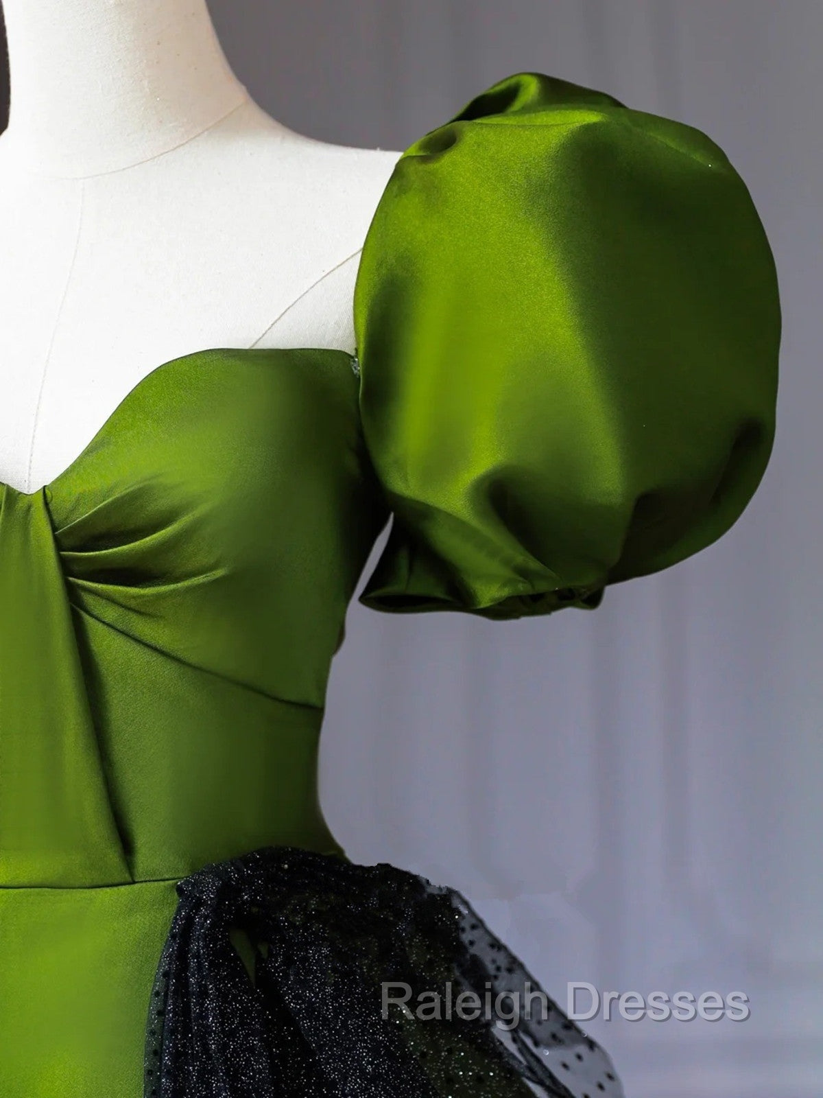 Green A-Line Satin Sweetheart Short Sleeves Party Dress, Green Long Prom Dress