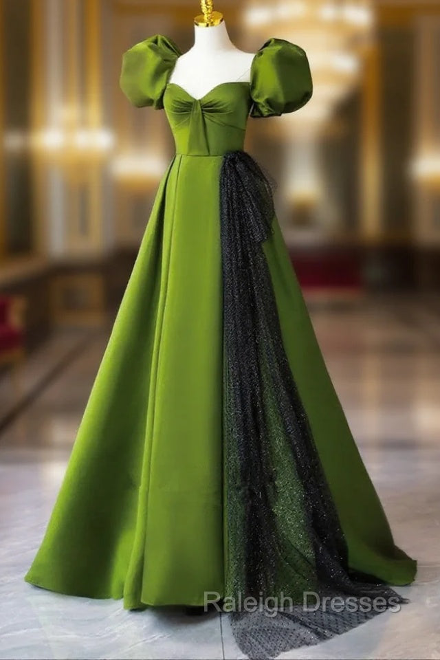 Green A-Line Satin Sweetheart Short Sleeves Prom Dress, Green Long Prom Dress Main image