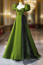Green A-Line Satin Sweetheart Short Sleeves Prom Dress, Green Long Prom Dress