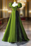 Green A-Line Satin Sweetheart Short Sleeves Prom Dress, Green Long Prom Dress