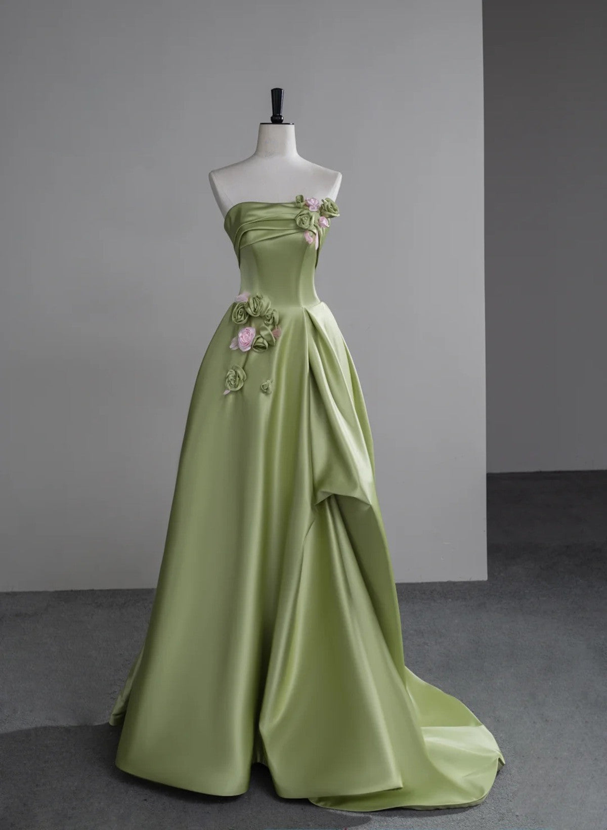 Green A-Line Satin With Flowers Long Evening Dress, Green Satin Prom Dress Main image