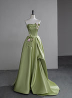 Green A-Line Satin With Flowers Long Evening Dress, Green Satin Prom Dress