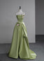 Green A-Line Satin With Flowers Long Evening Dress, Green Satin Prom Dress