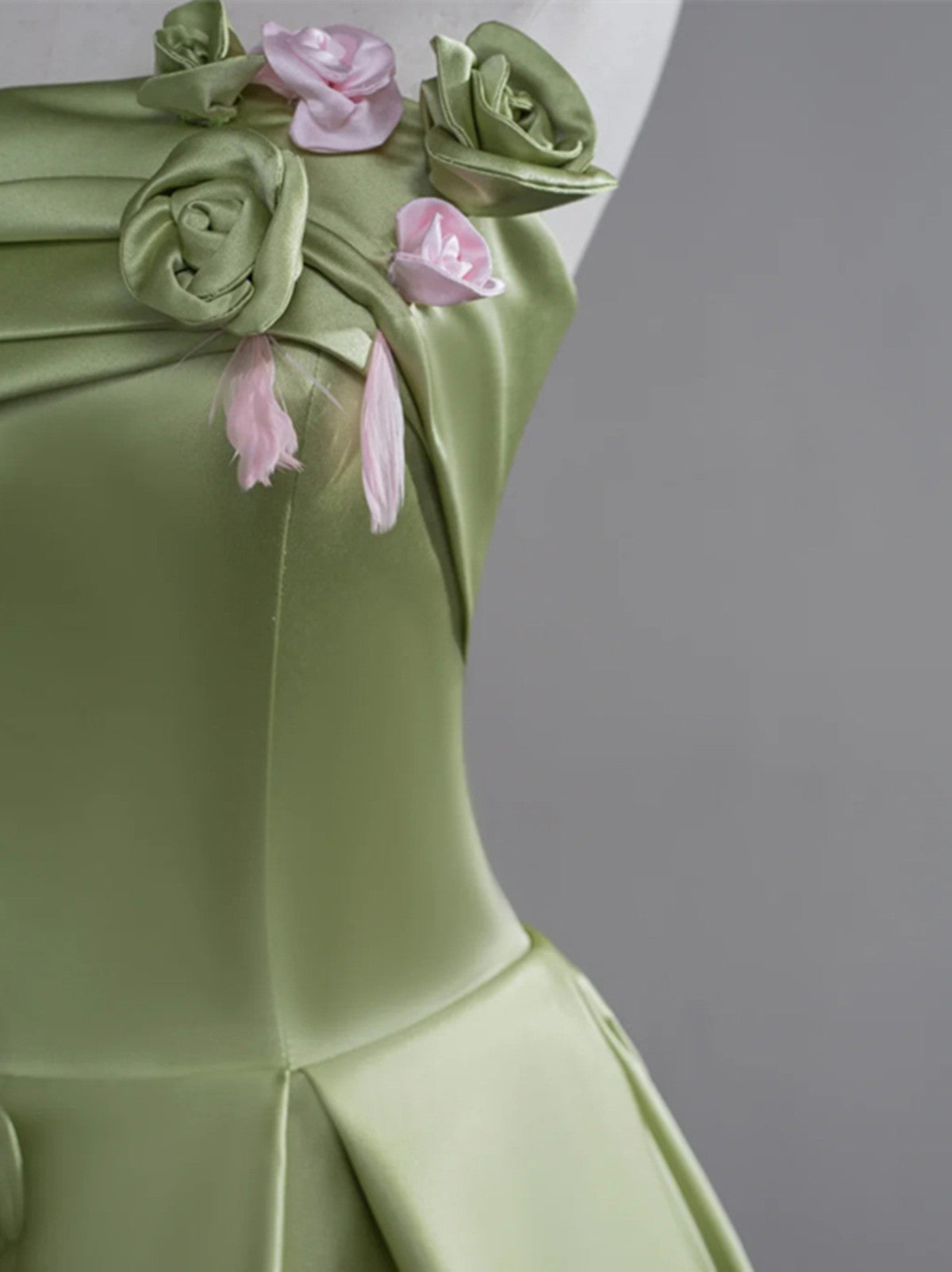 Green A-Line Satin With Flowers Long Evening Dress, Green Satin Prom Dress