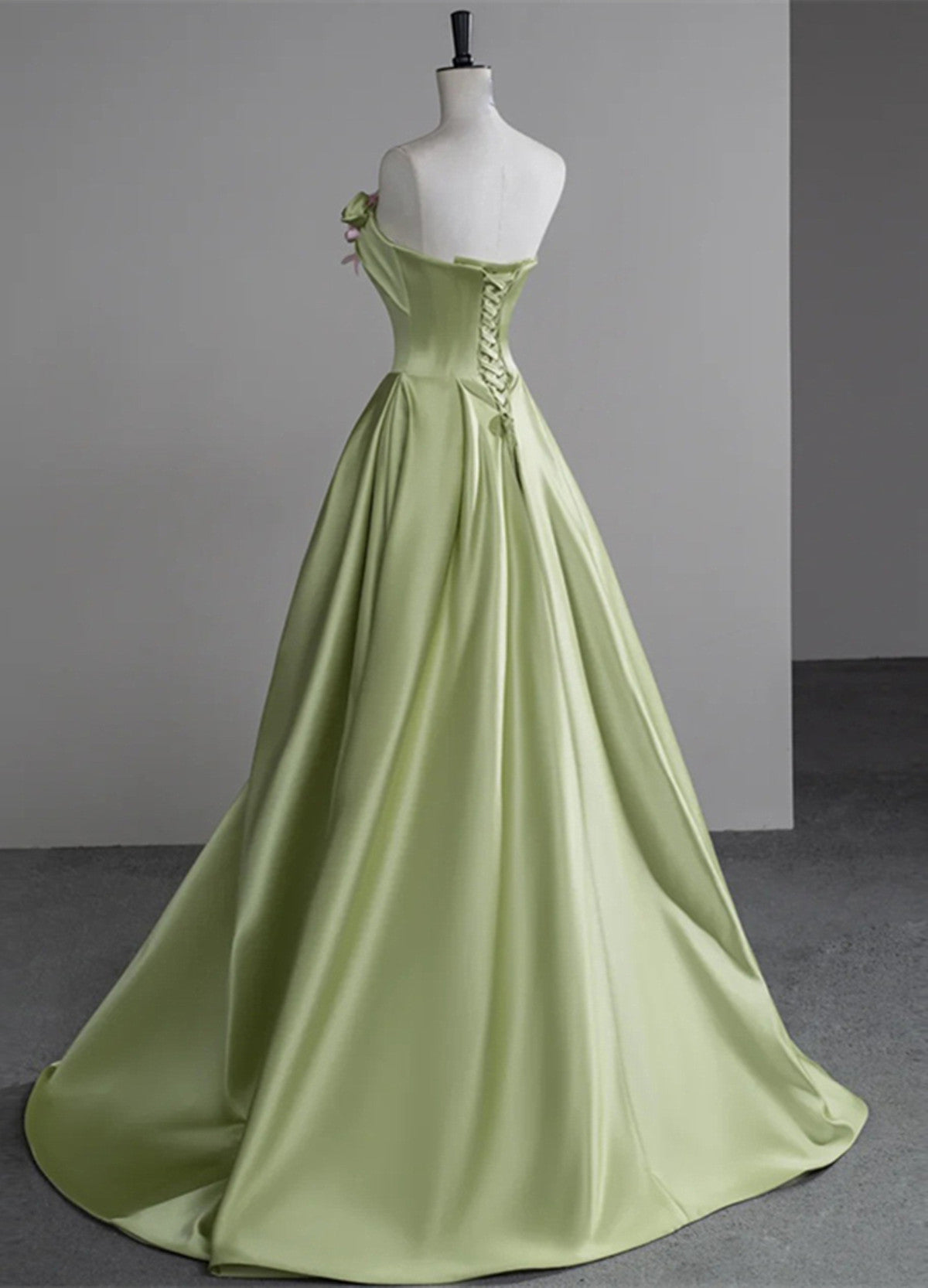Green A-Line Satin With Flowers Long Evening Dress, Green Satin Prom Dress
