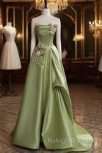 Green A-line Satin with Flowers Long Evening Dress, Green Satin Prom Dress