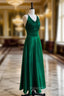 Green A-line Soft Satin Cross Back Evening Dress, Green Prom Dress Party Dress