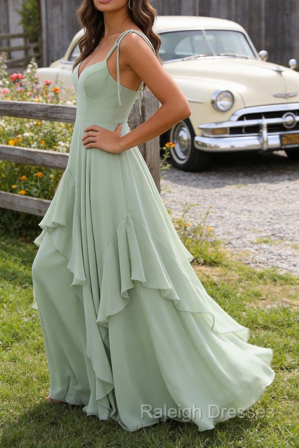 Green A-Line Spaghetti Straps Chiffon Bridesmaid Dresses with Ruffles Secondary image