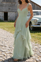Green A-Line Spaghetti Straps Chiffon Bridesmaid Dresses with Ruffles