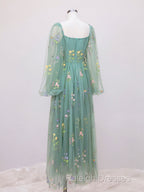 Green A-Line Sweetheart Green Tulle Lace Long Prom Dress, Green Formal Dress