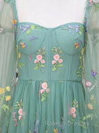 Green A-Line Sweetheart Green Tulle Lace Long Prom Dress, Green Formal Dress