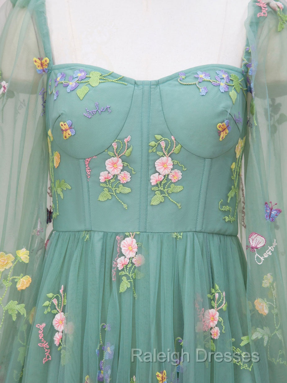 Green A-Line Sweetheart Green Tulle Lace Long Prom Dresses Green Prom Dresses